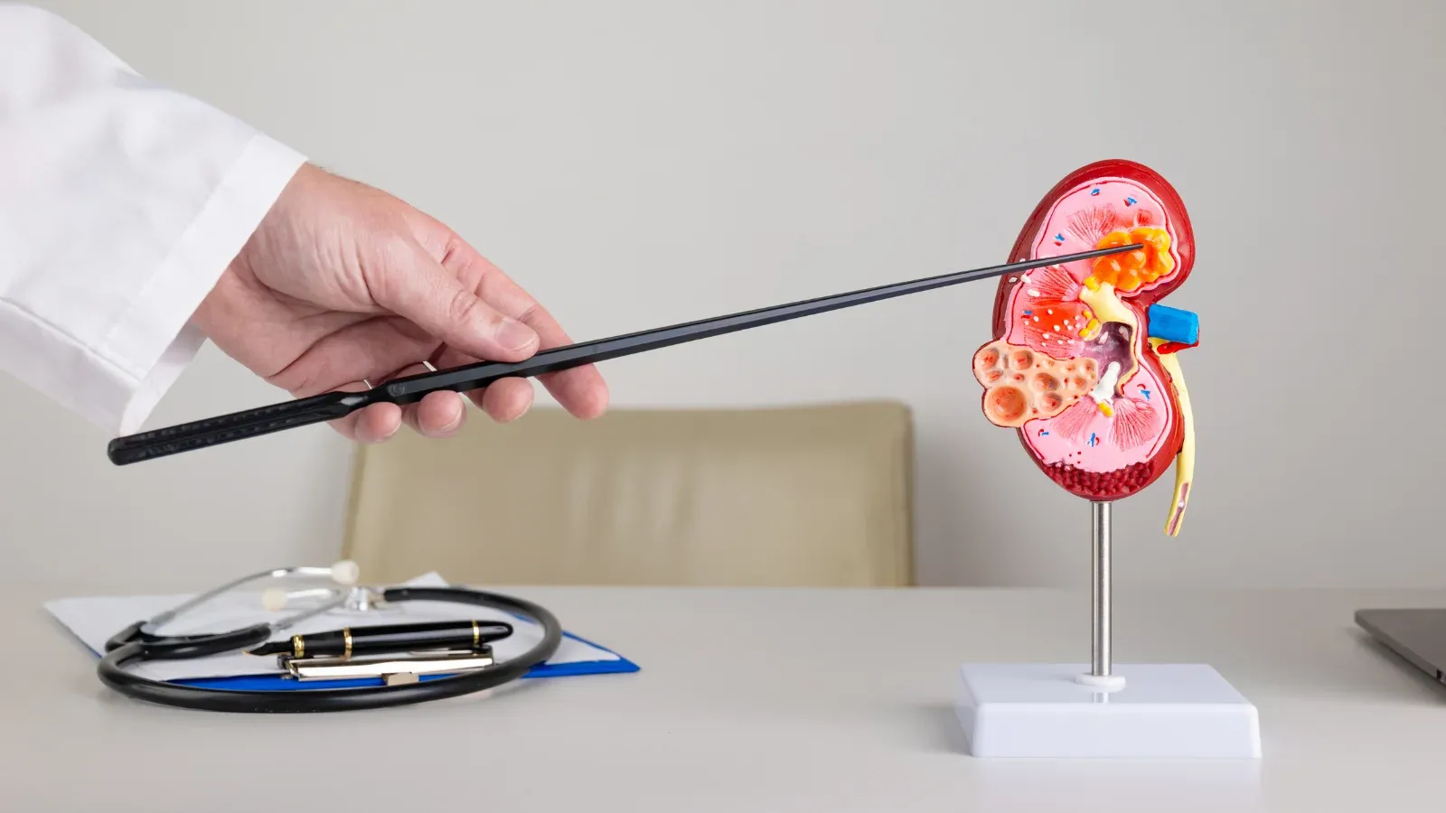 Doctor's hand is pointing to a 3d model of liver with a stick