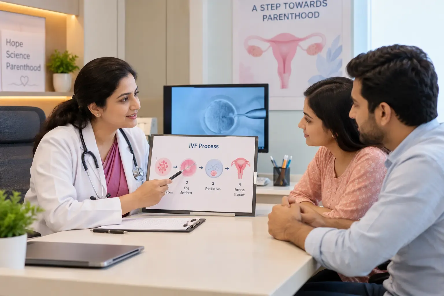 Fertility specialist explaining the IVF process to a couple