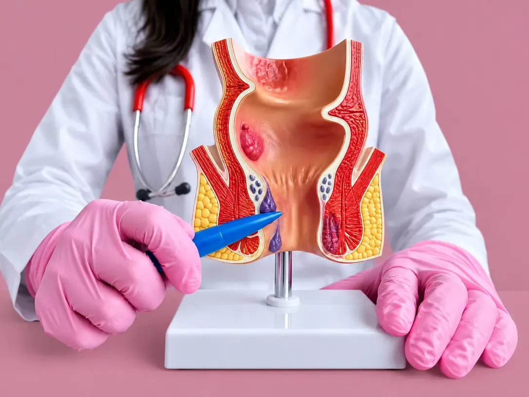 Doctor demonstrating an anal fissure and rectal anatomy using a medical anatomical model.