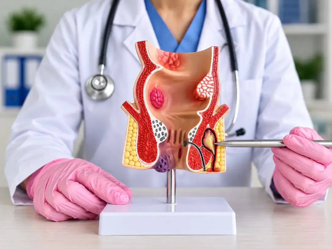 Doctor explaining an anal fistula using an anatomical model showing the fistula tract and abscess.