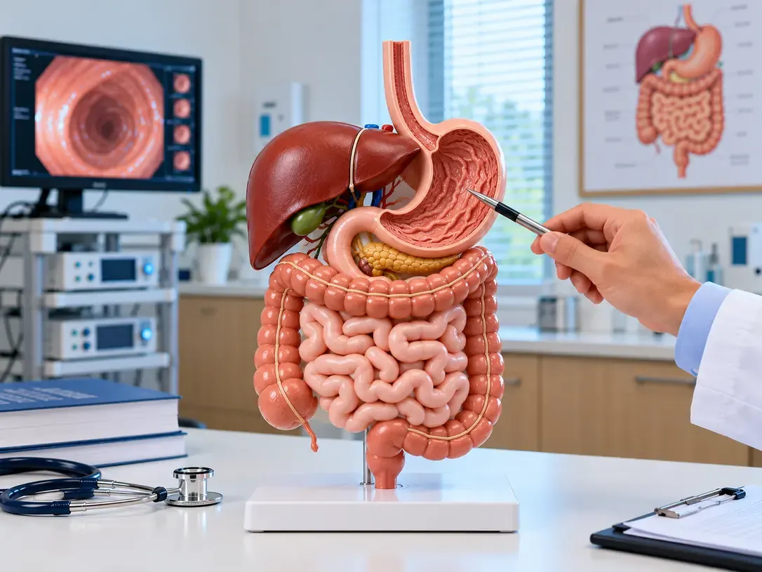 Anatomical digestive system model showing the stomach, liver, pancreas and intestines as a doctor points to the stomach lining in a gastroenterology clinic.